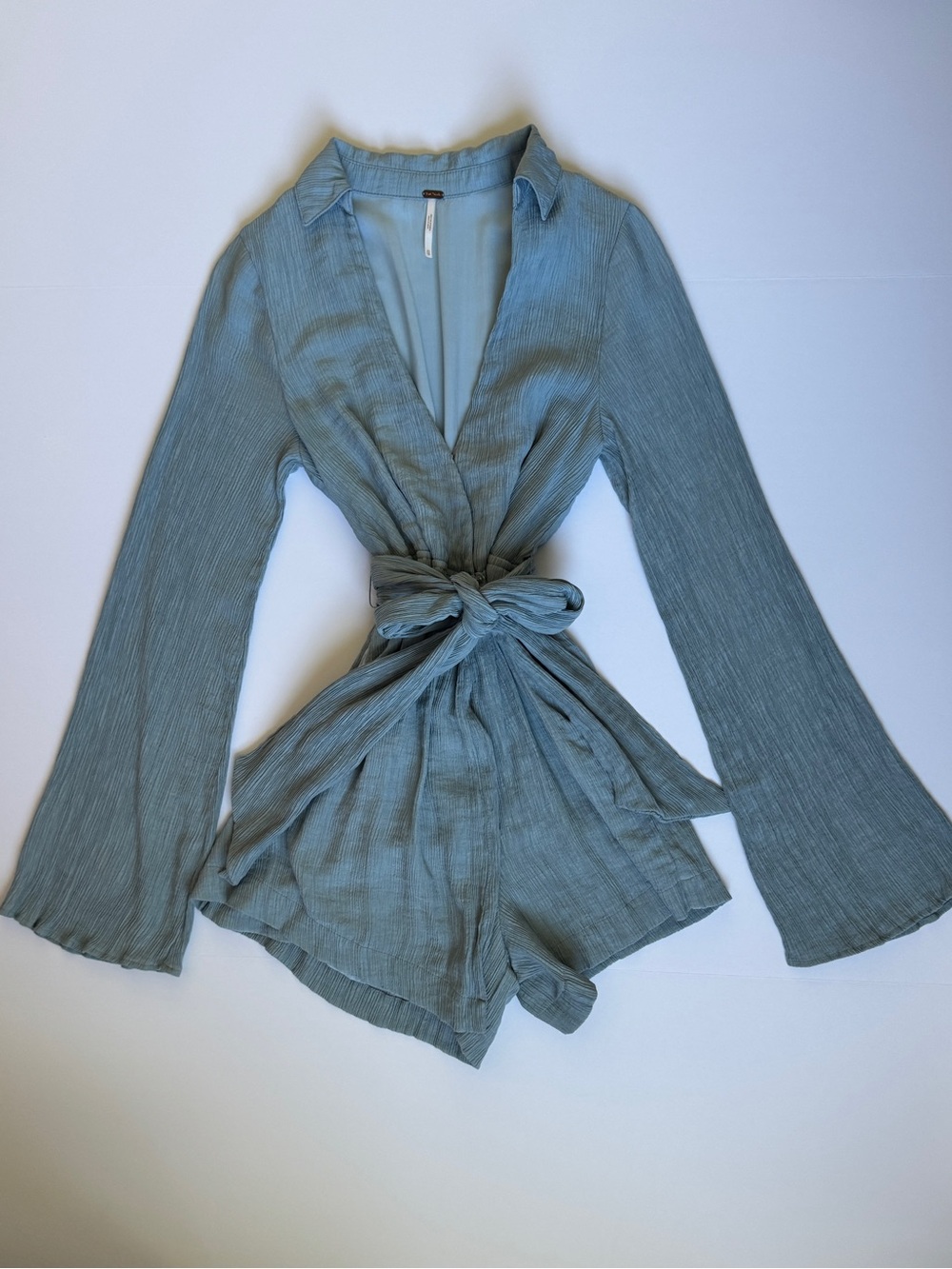 Free People Daria Blue Long Sleeve Wrap Romper